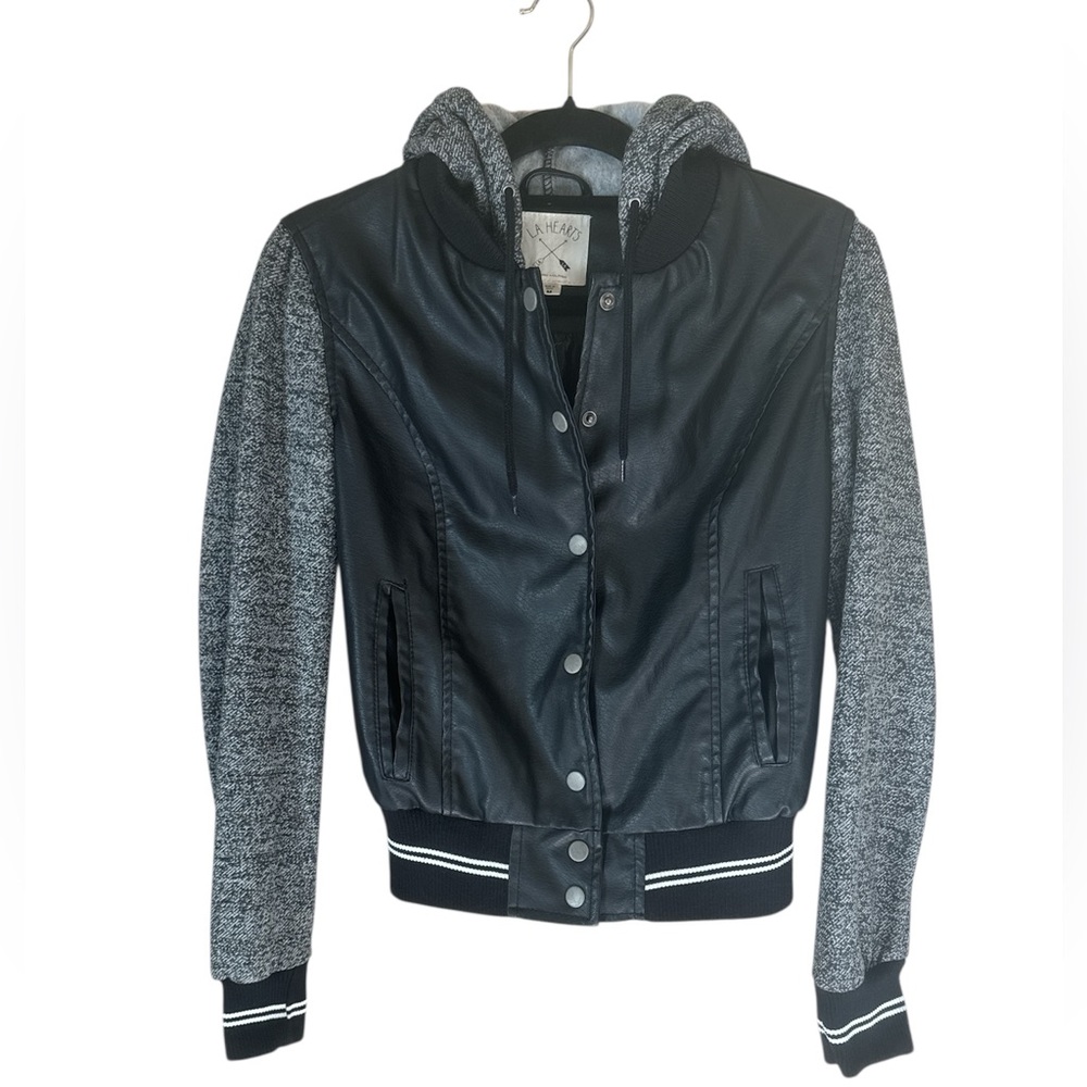 La Hearts Black and Gray Hooded Jacket with Faux Leather Torso. Size - M
